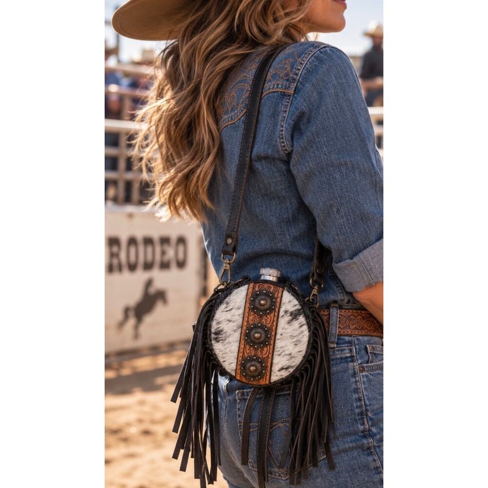 Handmade Cowhide Western 2 Shot Canteen Crossbody with Fringe & Conchos – 4 Inch